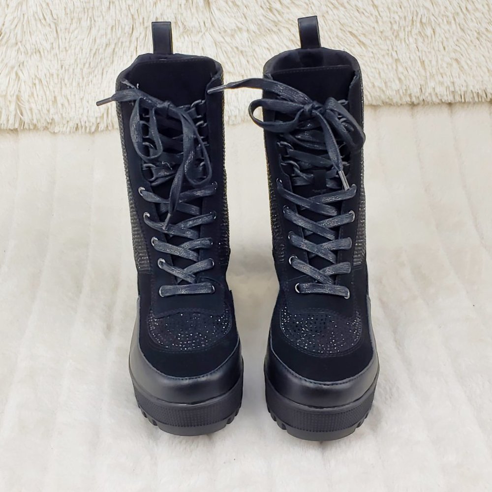 Diva Shine Black Rhinestone Platform Combat Ankle Boots - Picture 10 of 12